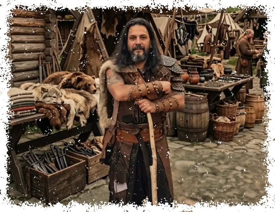 Homem em trajes e peças de couro de inspiração medieval em uma feira com barracas e tendas